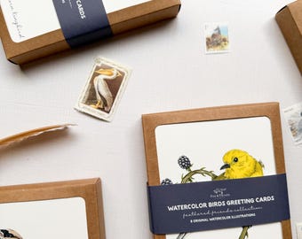 Juego de tarjetas de felicitación con pájaros en caja: Tarjetas de pájaros en acuarela