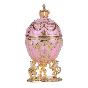 Faberge Style Egg Trinket Jewel Box with Lions and Imperial Crown 3&#39;&#39; (7.5 cm) pink