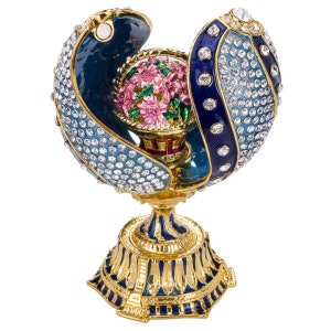 Faberge Style Twisted Egg Trinket jewel box with Basket of Flowers 4.8'' (12 cm) blue