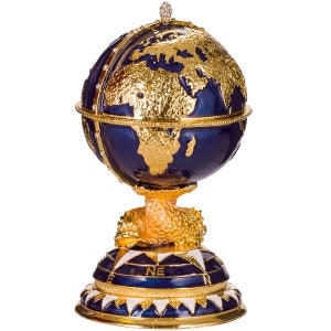 Faberge Style Egg Trinket Jewel Box Globe with sailing ship 5.8'' (14.5 cm) blue