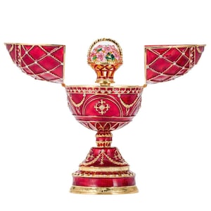 Faberge Style Egg Music Box Trinket Jewel Box with Basket of Flowers 6.8&#39;&#39; (17 cm) red