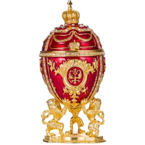 Faberge Style Egg Trinket Jewel Box with Lions and Imperial Crown 6.2&#39;&#39; (15.5 cm) red