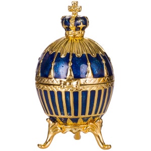 Faberge Style Ribbed Egg Trinket Jewel Box with Imperial crown 2.6&#39;&#39; (6.5cm) blue