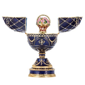 Faberge Style Egg Music Box Trinket Jewel Box with Basket of Flowers 6.8&#39;&#39; (17 cm) blue