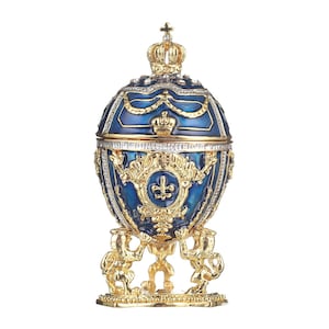 Faberge Style Egg Trinket Jewel Box with Lions and Imperial crown 3&#39;&#39; (7.5 cm) blue