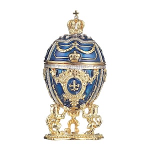 Faberge Style Egg Trinket Jewel Box with Lions and Imperial crown 3'' (7.5 cm) blue