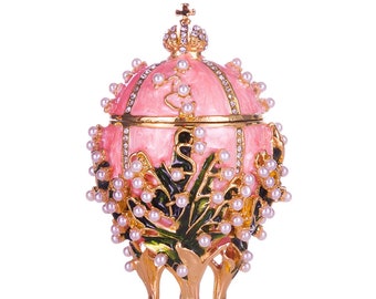 Joyero con forma de huevo estilo Fabergé, con diseño de lirios del valle y corona imperial, 8,5 cm (3,4''), color rosa.