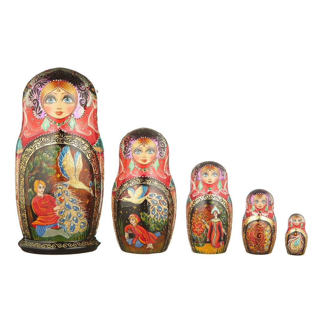 Set 5 Matrioske Russe In Legno Dipinte A Mano - Bambole Tradizionali Per Bambini, Decorazione Casa, Regalo