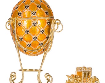 Joyero con forma de huevo de coronación imperial estilo Fabergé con carruaje, 19 cm (7,6 pulgadas), color amarillo.