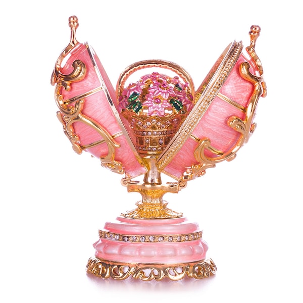 Faberge Style Spring Flowers Egg with Basket of Flowers 3.4'' (8.5 cm) pink