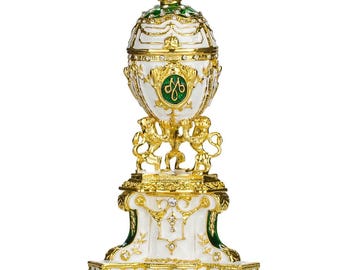 Fabergé-stil kunglig dansk äggprydnadsskrin med lejon 13 cm grön