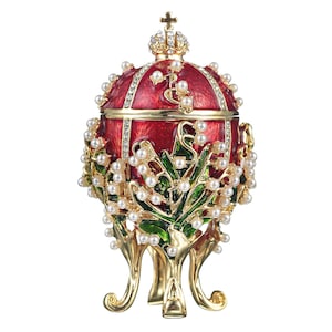 Faberge Style Lilies of the Valley Egg Trinket Jewel Box with Imperial crown 3.4'' (8.5 cm) red