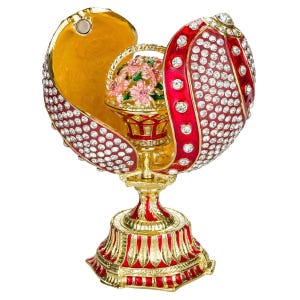 Faberge Style Twisted Egg Trinket jewel box with Basket of Flowers 4.8&#39;&#39; (12 cm) red