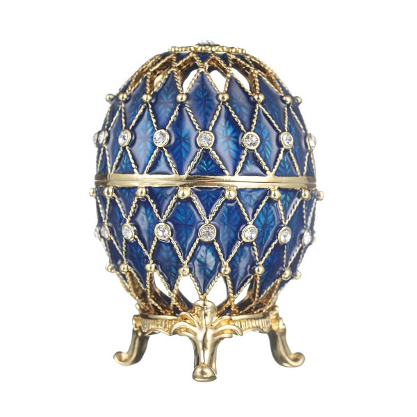 Faberge Style Carved Egg Trinket Jewel Box with Grid 3'' (7.5 cm) blue