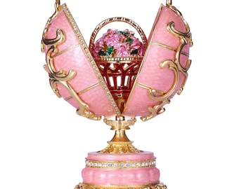 Caja de música con forma de huevo de flores de primavera estilo Fabergé, joyero con canasta de flores de 6,5'' (16,5 cm) rosa