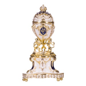 Faberge Style Royal Danish Egg Trinket Jewel Box with Lions 5.2&#39;&#39; (13 cm) blue