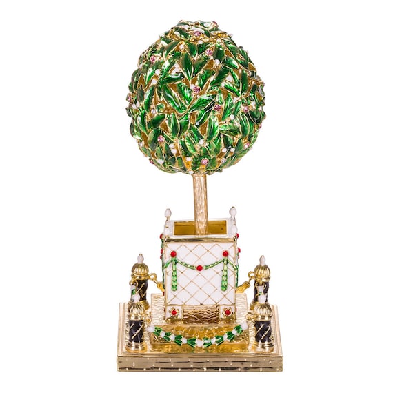 Faberge Style Egg Trinket Jewel Box Bay Tree (Orange Tree) with Bird 6.4'' (16 cm)