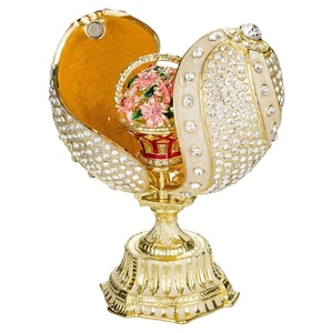 Faberge Style Twisted Egg Trinket jewel box with Basket of Flowers 4.8&#39;&#39; (12 cm) cream