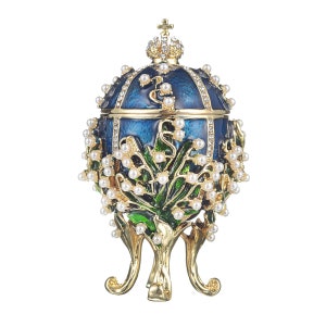 Faberge Style Lilies of the Valley Egg Trinket Jewel Box with Imperial crown 3.4'' (8.5 cm) blue