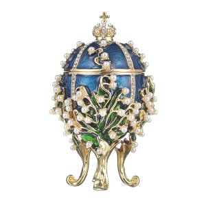 Faberge Style Lilies of the Valley Egg Trinket Jewel Box with Imperial crown 3.4&#39;&#39; (8.5 cm) blue