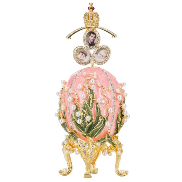 Faberge Style Lilies of the Valley Egg with photo frames and Imperial crown 7.6'' (19 cm) pink