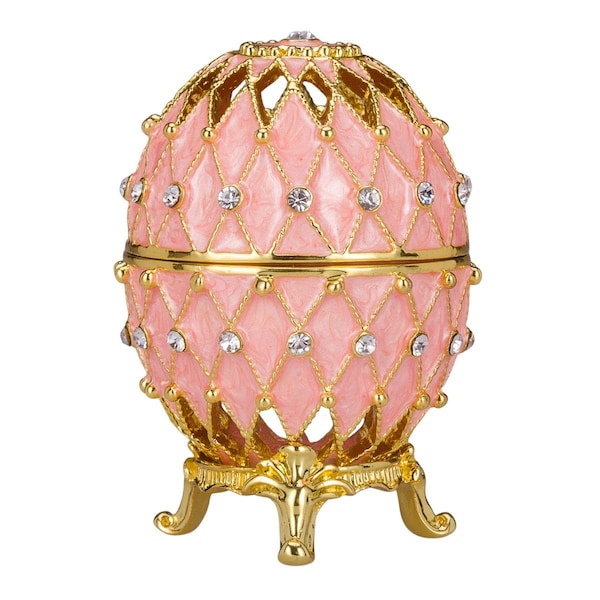 Faberge Style Carved Egg Trinket jewel box with Grid 7.5 cm (3'') pink