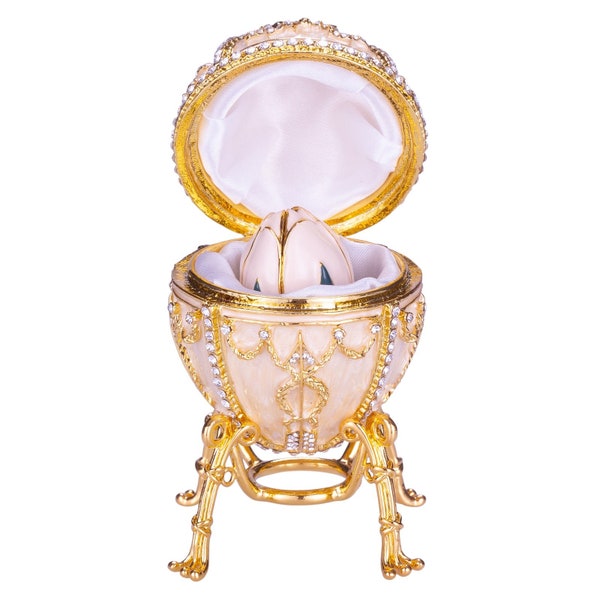 Faberge Style Rosebud Egg Trinket jewel box with flower and pendant 3.8'' (9.5 cm) cream