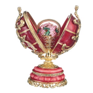 Faberge Style Spring Flowers Egg with Basket of Flowers 3.4&#39;&#39; (8.5 cm) red