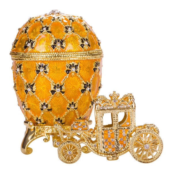 Faberge Style Imperial Coronation Egg Trinket Jewel Box with Carriage 4'' (10 cm) yellow