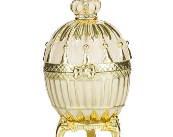 Faberge Style Ribbed Egg Trinket Jewel Box with Imperial crown 3.6'' (9 cm) cream