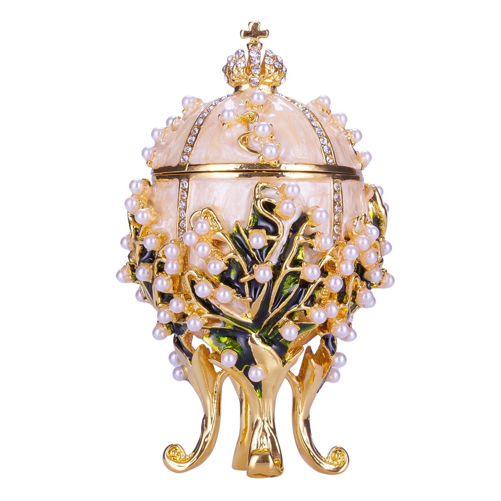Uovo Fabergé Portagioie Danila-souvenirs – Bocciolo Di Rosa, Smalto E Cristalli, 9,5 Cm, Crema