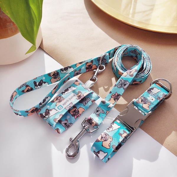 Personalized Dog Collar, Dog Collar and Leash Set, Custom Dog Collar, Dog Breed Collection - French Bulldog Blue - april & june