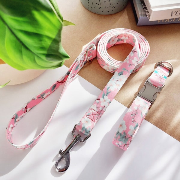 Personalized Dog Collar, Dog Collar and Leash Set, Custom Dog Collar, Pink Floral Dog Collar - Cherry Blossom, Sakura  - april & june