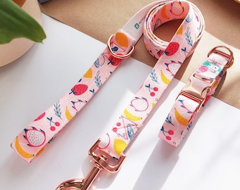 Personalized Dog Collar, Dog Collar and Leash Set, Custom Dog Collar, Fruit Dog Collar, Pink Dog Collar - Summer Fruits - april & june