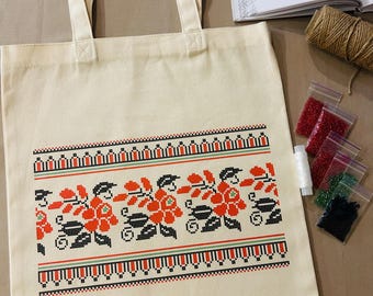 Embroidery bead kit, DIY shopper bag, embroidery kit roses, embroidery kit floral, handmade shopper bag, bead kit for handmade, DIY pattern