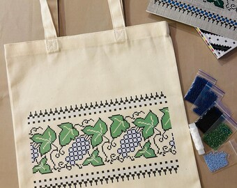 Embroidery bead kit, DIY shopper bag, embroidery kit floral, set with beads ,bead kit for handmade, DIY pattern, gifts kit embroidery
