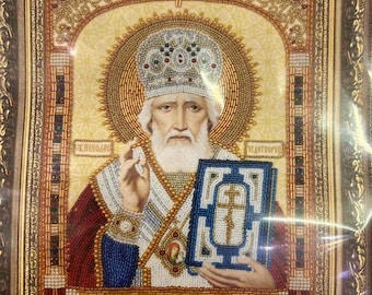 Handmade Beaded St. Nicholas Icon – Orthodox Christian Gift, Spiritual Home Decor, Protective Saint Artwork