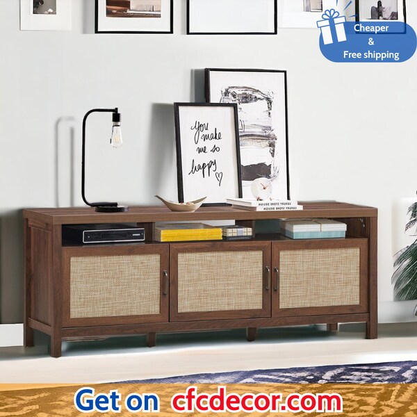 TV Stand Entertainment Media Center for TV's up to 65" with Rattan Doors Walnut