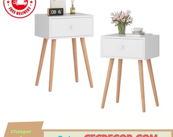 Lot de 2 tables de chevet modernes en bois avec tiroir pour chambre à coucher Blanc