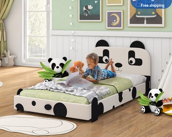 Lit simple pour enfant, profil bas rembourré pour tout-petit, cadre de lit avec tête de lit panda