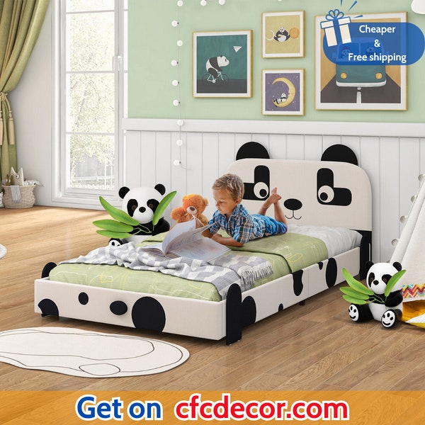 Kids Twin Size Bed, Toddler Upholstered Low Profile, Bed Frame w/ Panda Headboard