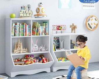 Kid's Cubby Toy Storage Cabinet, Wood Toy Organizer of 5 Bins, Children's White Bookcase, Toy Chest for Bedroom Living Room