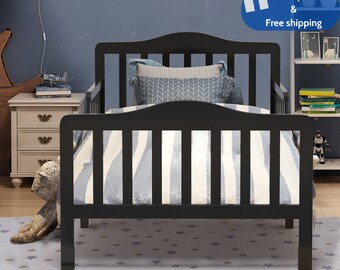 Classic bed Kids, Children Toddler Wood Bed, Bedroom Furniture w/ Guardrails Black