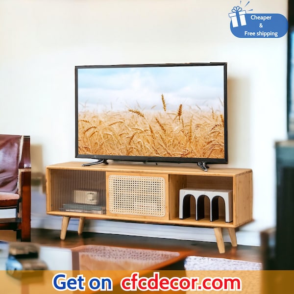 Modern TV Stand, Entertainment Center Media Console with Sliding Doors Rattan Glass