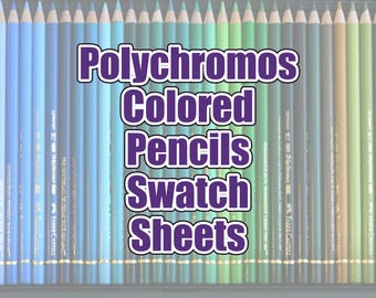 May include: A collection of colored pencils in various shades, arranged vertically. The pencils are labeled "Polychromos Colored Pencils Swatch Sheets" in a purple outlined font. The pencils range in color from blues to greens to browns.
