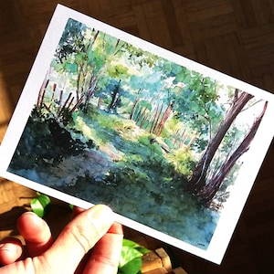 Impressie Aquarel bos, Illustratie aquarel hout, Schilderij open plek, Tekening natuur Frankrijk, Aquarelpad, Charline Moreau