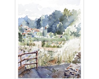 水彩田園風景、村の庭の絵、菜園の絵、風景画、オリジナルの水彩画
