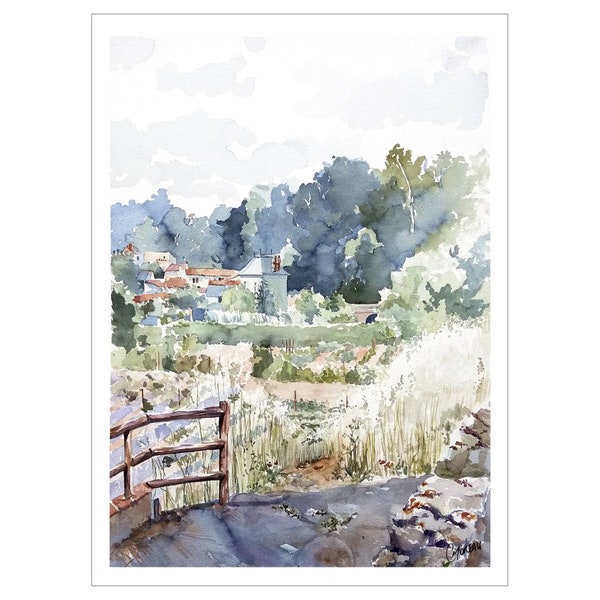 Aquarelle paysage campagne, peinture village jardins, potagers dessin, tableau paysage, original aquarelle, tableau paysage champs