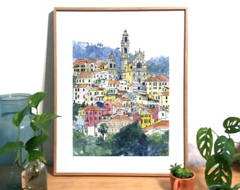 Watercolor of Cervo, painting of a 'little city of character', illustration italian village, colorful houses painting, colored architecture