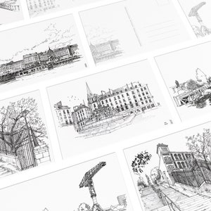 Pack 4 cartes postales Nantes, Illustration noir et blanc Grue Titan, Butte Ste Anne, Place royale, Quai de la Fosse, Dessin Charline Moreau